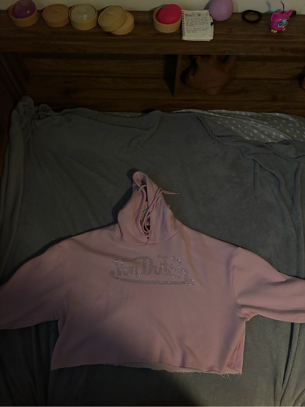 Von Dutch Pink Crystal Logo Hooded Crop Sweatshirt